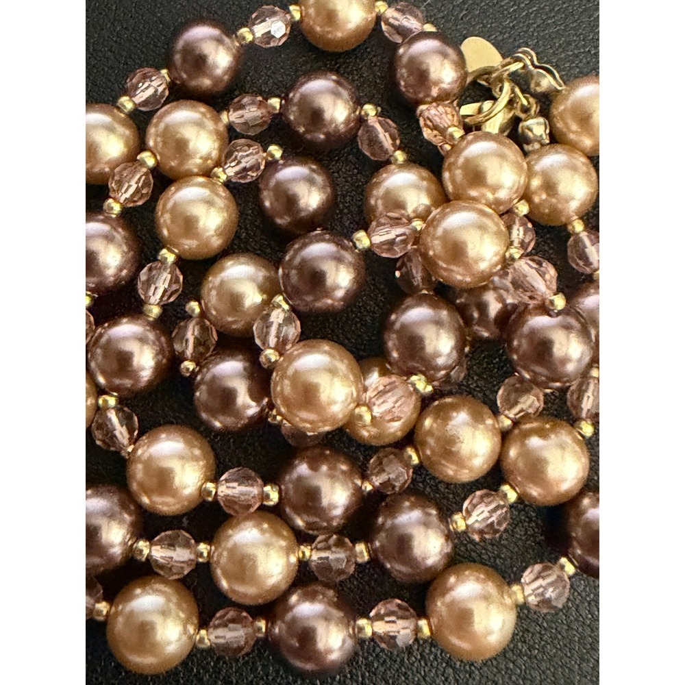 Beaded Necklace Faux Pearl Fall Brown Gold Tone 24" Signed Roman